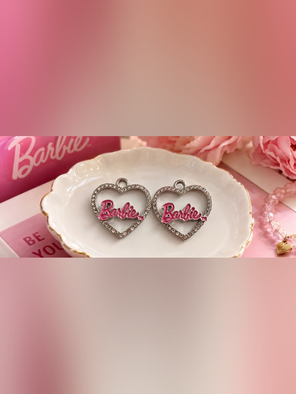 Barbie 2022 Mattel Pink Logo Heart Rhinestone Charms Set